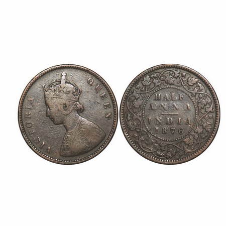 Victoria Queen, Copper, Half Anna, 1876, Calcutta Mint, B/II, 11'o clock on Obv. F. Prid 5