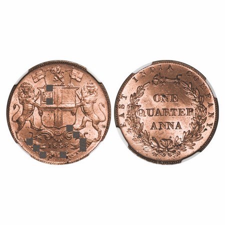 Victoria Queen, Copper, Quarter Anna, 1858, J. Watt & Co., Birmingham Mint, Single leaf, Y