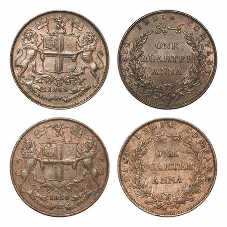 Victoria Queen, Copper, Quarter Anna, (2 Coins), 1858, J. Watt & Co. Birmingham Mint, 1) S