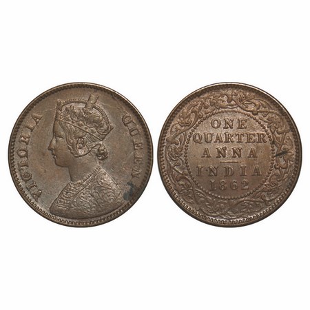 Victoria Queen, Copper, Quarter Anna, 1862, Madras Mint, No mint mark, No privy mark, A/I,