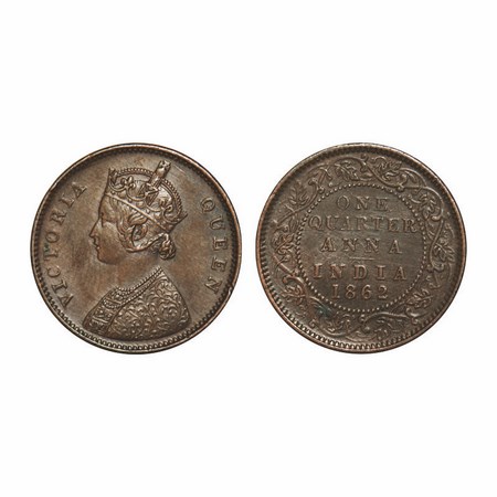Victoria Queen, Copper, Quarter Anna, 1862, Madras Mint, A/I, No mint mark, No privy mark,