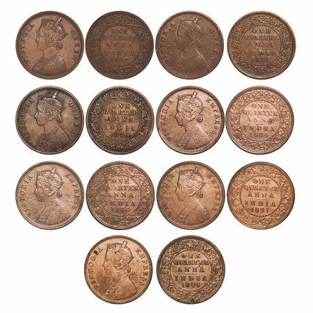 Victoria Queen & Empress, Copper, Quarter Anna, (Lot of 7 Coins), 1) 1862, Bombay Mint, A/