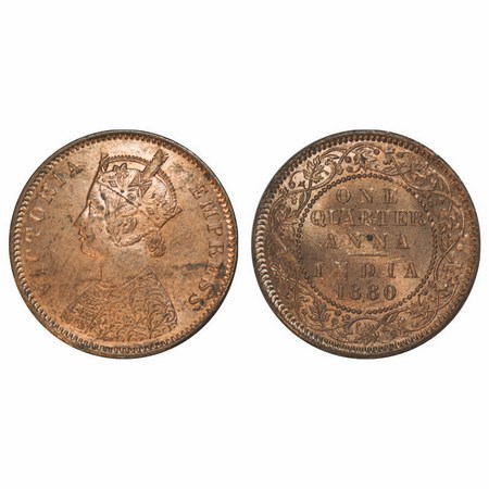Victoria Empress, Copper, Quarter Anna, 1880, Calcutta Mint, B/II, 'C' incused. F. Prid 61
