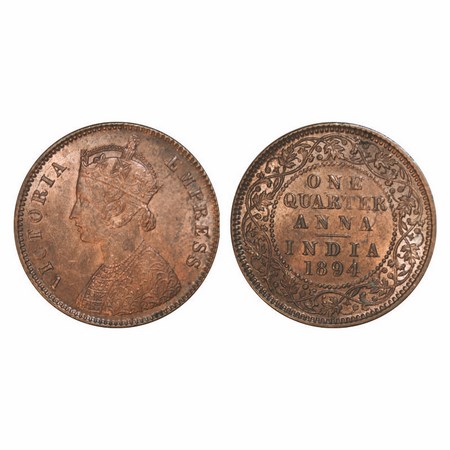 Victoria Empress, Copper, Quarter Anna, 1894, Calcutta Mint, B/II, No mint mark. F. Prid 6