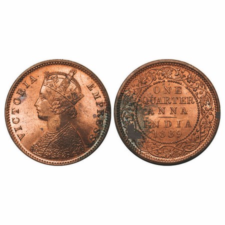 Victoria Empress, Copper, Quarter Anna, 1889, Calcutta Mint, B/II, No mint mark. F. Prid 6