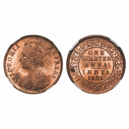 Victoria Empress, Copper, Quarter Anna, 1891, Calcutta Mint, B/II, No mint mark. NGC Slabb