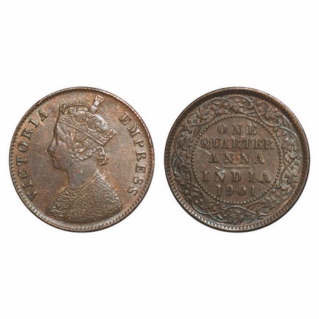 Victoria Empress, Copper, Quarter Anna, 1901, Calcutta Mint, B/II, No mint mark, Ghost on 