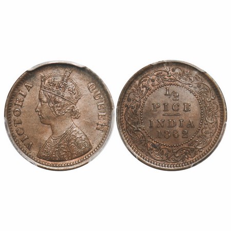 Victoria Queen, Copper, 1/2 Pice, 1862, Calcutta mint, A/I. F. Prid Unlisted. GK 401. PCGS
