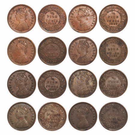 Victoria Empress, Copper, 1/2 Pice, (Lot of 8 Coins), 1892, 1893, 1894, 1895, 1897, 1898, 