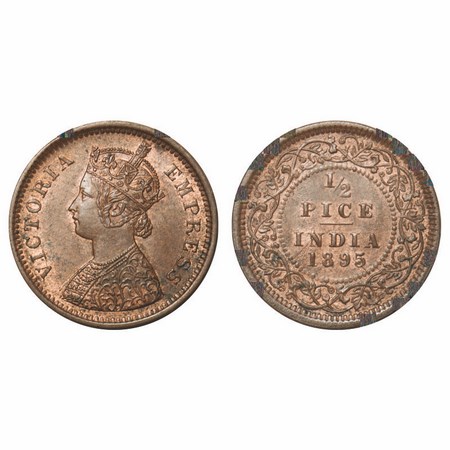 Victoria Empress, Copper, 1/2 Pice, 1895, Calcutta Mint, A/I, No mint mark, Ghost on Rev. 