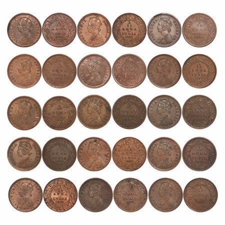 Victoria Empress, Copper, 1/12 Anna, (Lot of 15 Coins), 1) 1878, Calcutta Mint, Obv B, No 