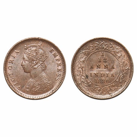 Victoria Empress, Copper, 1/12 Anna, 1886, Calcutta Mint, Obv B, 'C' incused. F. Prid 791.