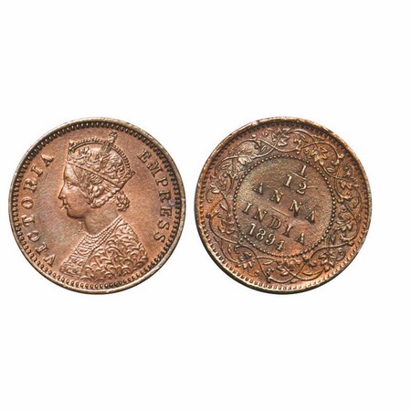 Victoria Empress, Copper, 1/12 Anna, 1894, Calcutta Mint, Obv B, No mint mark, Alphabate '