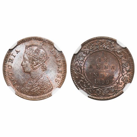 Victoria Empress, Copper, 1/12 Anna, 1899, Calcutta Mint, Obv B, No mint mark. F. Prid 804