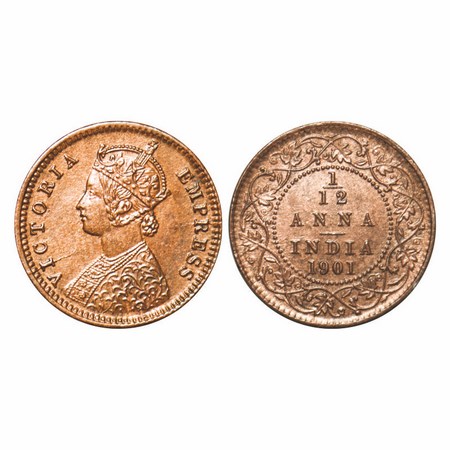 Victoria Empress, Copper, 1/12 Anna, 1901, Calcutta Mint, Obv B, No mint mark, Die cracks 