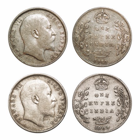 Edward VII, Silver, Rupee (2 Coins), Bombay Mint, 1) 1909, 'B' incused and dot, Numeral '9