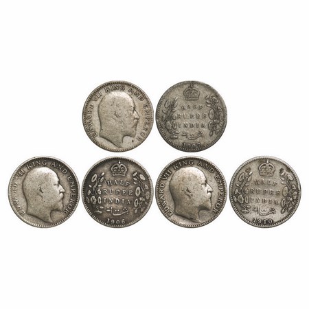 Edward VII, Silver, Half Rupee, (3 Coins), 1) 1906, Calcutta mint, no mint mark, 2) 1907, 