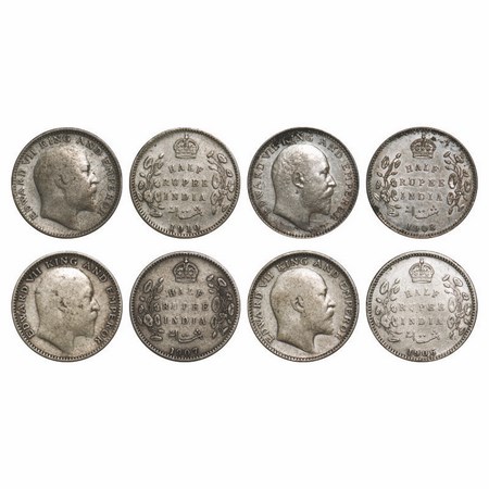 Edward VII, Silver, Half Rupee, (4 Coins), 1) 1906, Calcutta Mint, No mint mark, 2) 1907, 
