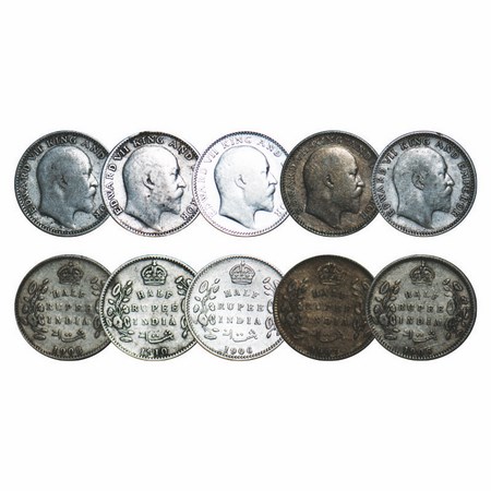 Edward VII, Silver, Half Rupee (5 Coins), 1) 1906, Calcutta Mint, No mint mark, 2) 1906, C