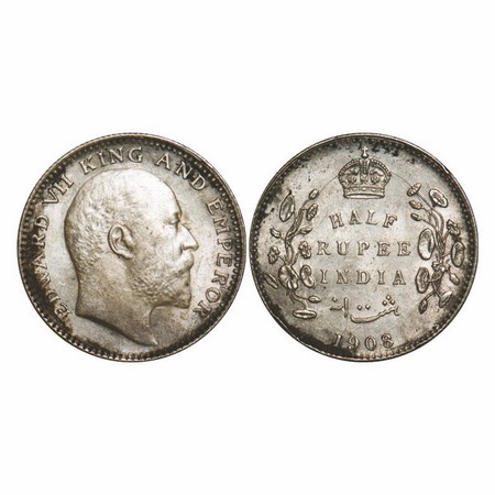 Edward VII, Silver, Half Rupee, 1908, Calcutta Mint, No mint mark, Ghost on Rev. F. Prid 3