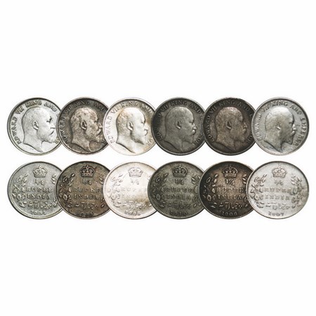 Edward VII, Silver, 1/4 Rupee, (6 Coins), 1904, 1905, 1906, 1907, 1908, 1910, Calcutta min