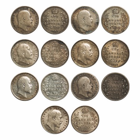 Edward VII, Silver, 2 Annas, (Lot of 7 Coins), 1903, 1904, 1905, 1906, 1907, 1908, 1910, C
