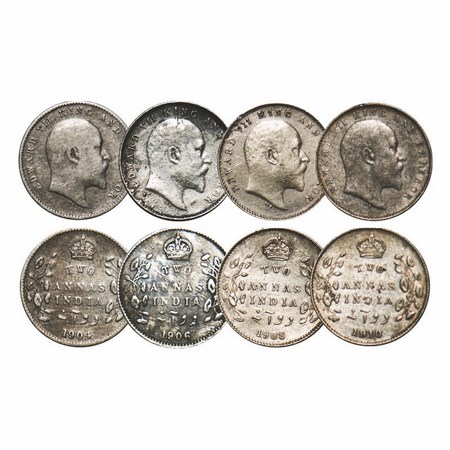 Edward VII, Silver, 2 Annas (4 Coins), 1904, 1906, 1908, 1910, Calcutta Mint, No mint mark