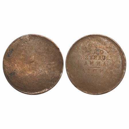 Edward VII, Copper, Quarter Anna, Error, 6.12gm, 26.53 mm, Reverse Lakhi. Fine, Rare.