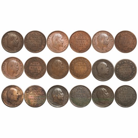 Edward VII, Mix Metal, Quarter Anna, (9 Coins), Calcutta Mint, No mint mark, 1) 1903, Copp
