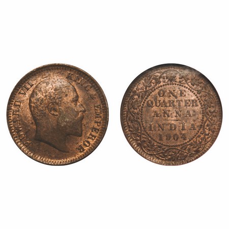 Edward VII, Copper, Quarter Anna, 1904, Calcutta Mint, No mint mark. F. Prid 647. GK 995. 