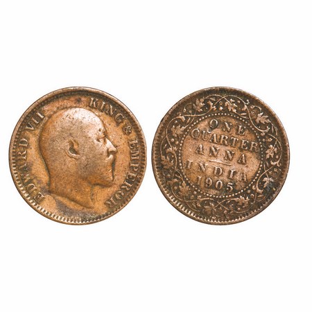 Edward VII, Copper, Quarter Anna, 1905, Calcutta Mint, No mint mark, Die rotation on Rev. 