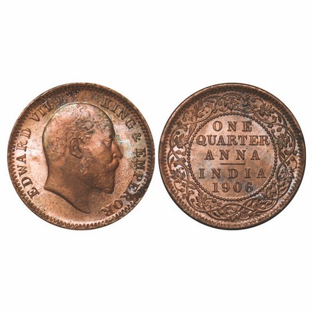Edward VII, Copper, Quarter Anna, 1906, Calcutta Mint, No mint mark. F. Prid 650. GK 997. 