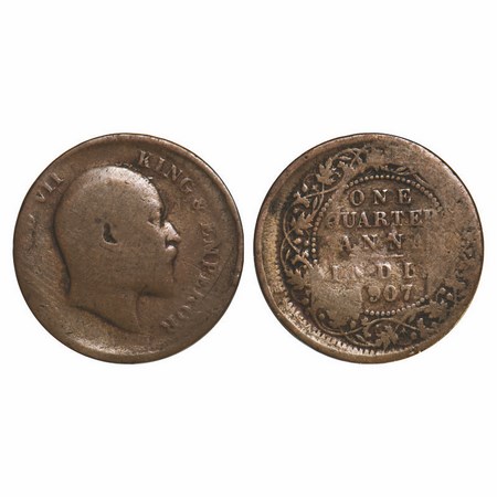 Edward VII, Bronze, Quarter Anna, 1907, Calcutta Mint, No mint mark, Error, Misaligned die