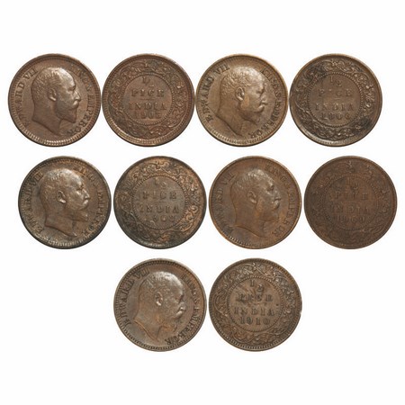 Edward VII, Mix Metal, 1/2 Pice, (5 Coins), Calcutta Mint, No mint mark, 1) 1903, Copper, 