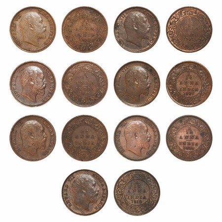 Edward VII, Mix Metal, 1/12 Anna, (Lot of 7 Coins), 1) 1904, Copper, Calcutta mint, No min