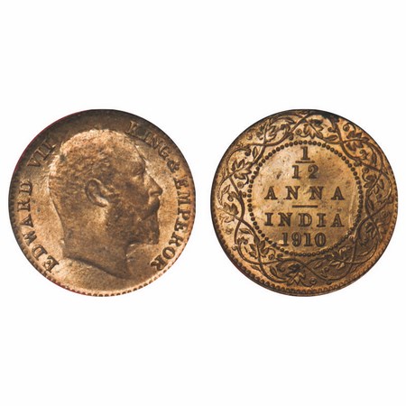 Edward VII, Bronze, 1/12 Anna, 1910, Calcutta Mint, No mint mark, Die flaw and ghost image