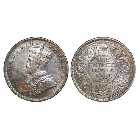George V, Silver, Rupee, 1911, Calcutta Mint, No dot, Pig type. F. Prid 207. GK 1021. Extr