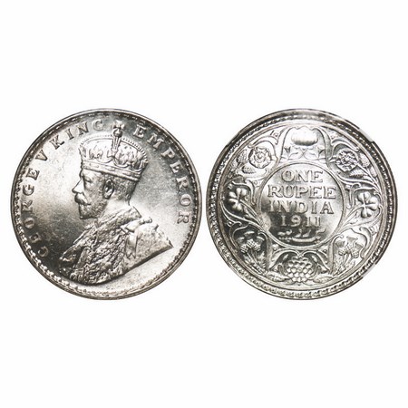 George V, Silver, Rupee, 1911, Bombay Mint, Dot, Pig Type. F. Prid 217. GK 1022. NGC Slabb