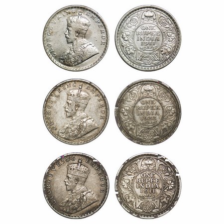 George V, Silver, Rupee, (3 Coins), 1) 1911, Calcutta Mint, No dot, Pig Type, 2) 1911 Bomb
