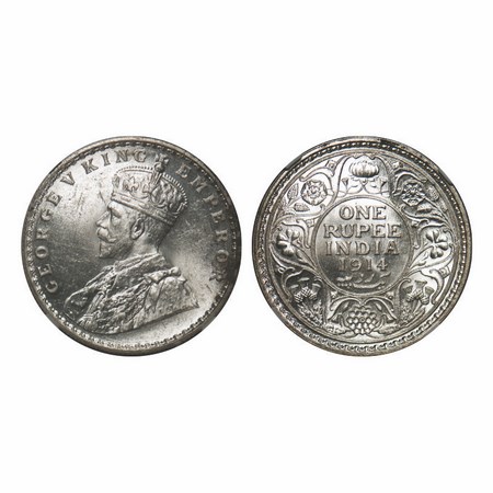 George V, Silver, Rupee, 1914, Calcutta Mint, No dot. F. Prid 210. GK 1029. NGC Slabbed MS