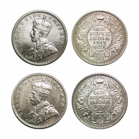 George V, Silver, Rupee, (2 Coins),1915, 1) Calcutta Mint, No dot, 2) Bombay Mint, Dot. F.