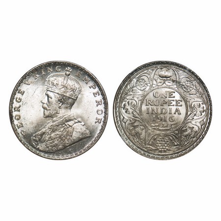 George V, Silver, Rupee, 1916, Bombay Mint, Dot. F. Prid 222. GK 1034. NGC Slabbed MS 63. 