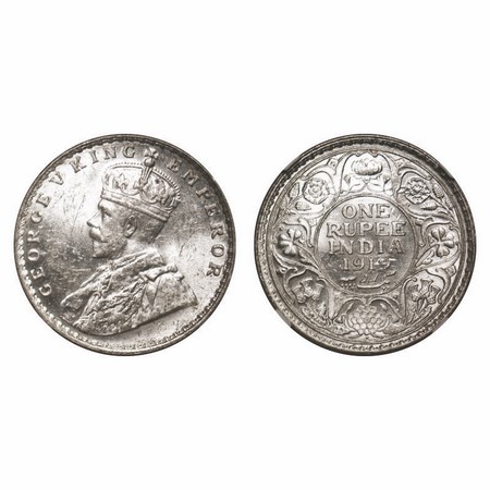 George V, Silver, Rupee, 1919, Bombay Mint, Dot, Ghost on Rev. F. Prid 225. GK 1040. NGC S