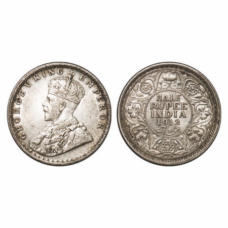 George V, Silver, Half Rupee, 1912, Calcutta Mint, No dot. F. Prid 319. GK 1046. About Unc