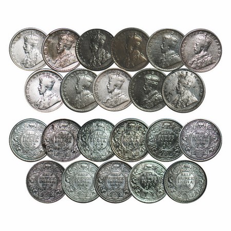 George V, Silver, Half Rupee, (11 Coins), 1) 1916, Calcutta Mint, No dot, 2) 1918, Bombay 