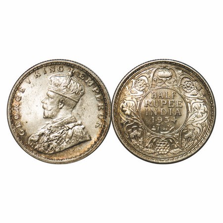 George V, Silver, Half Rupee, 1934, Calcutta Mint, No dot, Die doubling of letters in Empe