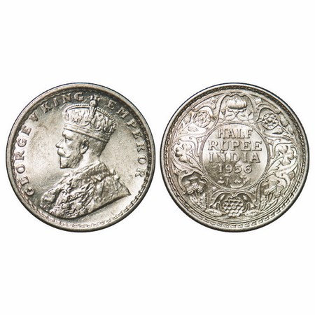 George V, Silver, Half Rupee, 1936, Calcutta Mint, No dot. F Prid 335. GK 1075. Uncirculat