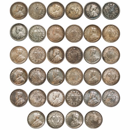 George V, Silver, 1/4 Rupee, (Lot of 17 Coins), 1) 1912, Bombay Mint, Dot, 2) 1913, Calcut