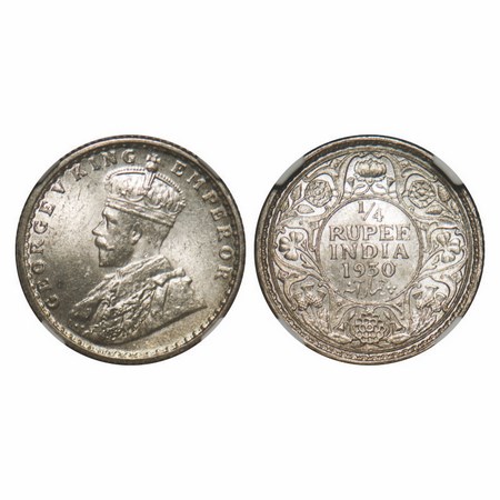 George V, Silver, 1/4 Rupee, 1930, Calcutta Mint, No dot. F. Prid 451. GK 1097. NGC Slabbe