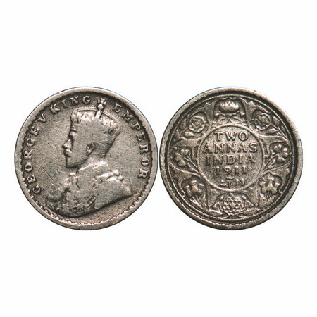 George V, Silver, 2 Annas, 1911, Calcutta Mint, No dot, Pig Type. F. Prid 564. GK 1107. Fi